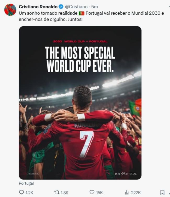 【tin bóng đá mới nhất】Bồ Đào Nha sẽ đăng cai World Cup 2030 trên mạng xã hội của Cristiano Ronaldo: Ước mơ của tôi đã thành hiện thực và tôi rất tự hào!